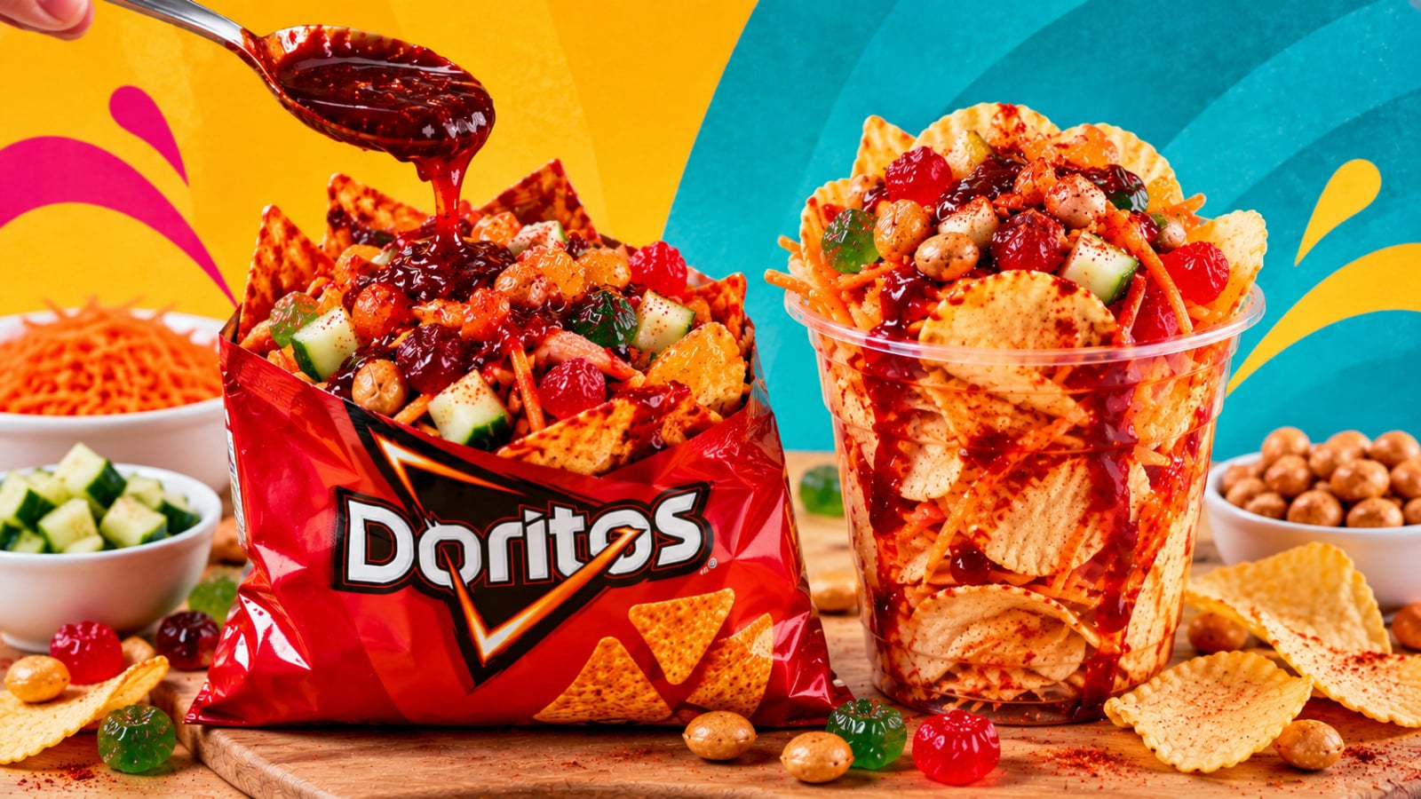 Dorilocos y botanas preparadas con salsas y toppings